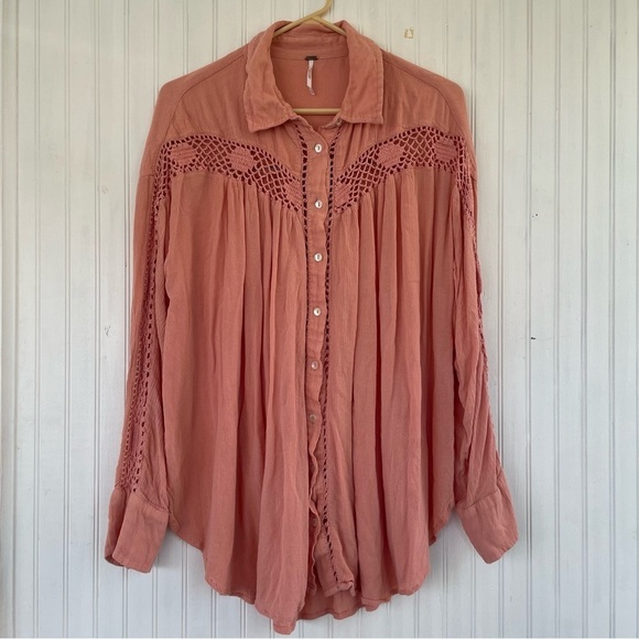 Free People Pink Orange Coral Katie Bird Long Sleeve Button Down Size Large - Picture 2 of 10